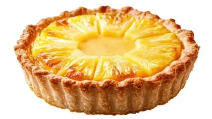 A whole pineapple pie with a flaky, golden crust and a subtle pineapple aroma, isolated on a transparent background. The pie is perfectly shaped and looks delicious