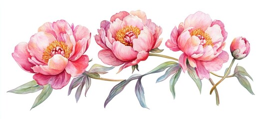 Fototapeta premium Watercolor painting of three pink peonies and a bud.