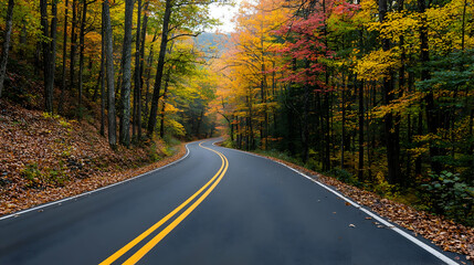 Fototapeta premium Winding Road Through Autumn Forest With Yellow And Red Foliage Under Cloudy Sky