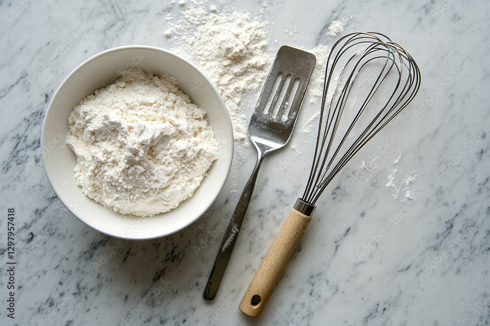 Poster mixing flour and utensils on a marble countertop for baking preparation in a kitchen. generative ai