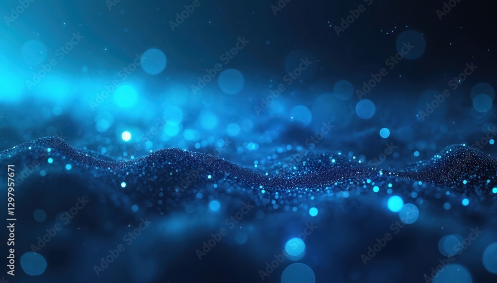 Poster abstract dark blue digital background with glowing particles on wavy surface. futuristic data stream