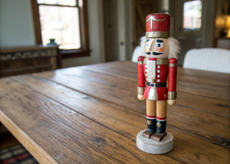 Rustic wooden nutcracker figurine, nutcracker on a wooden background