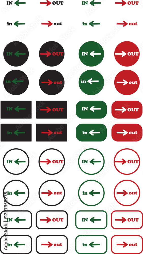 Poster in out arrow icons set. simple arrow big vector collection isolated on transparent background. red o