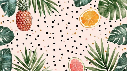 Tropical watercolor seamless pattern of exotic fruits and monstera leaves for summer fashion and natural product background illustration