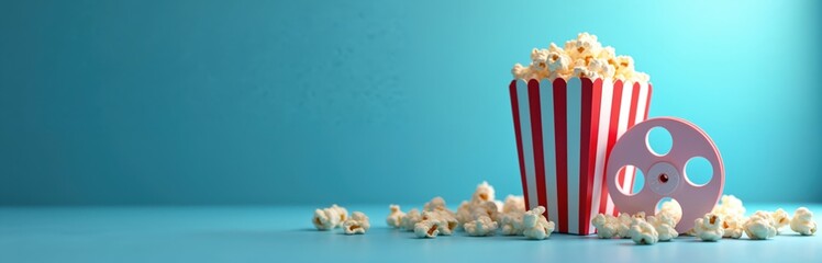 Cinematic popcorn box, film reel on serene blue background. Striped bucket, movie tape, scattered popcorn evokes classic screening room mood, relaxation, enjoyment. Family fun time with tasty snack.