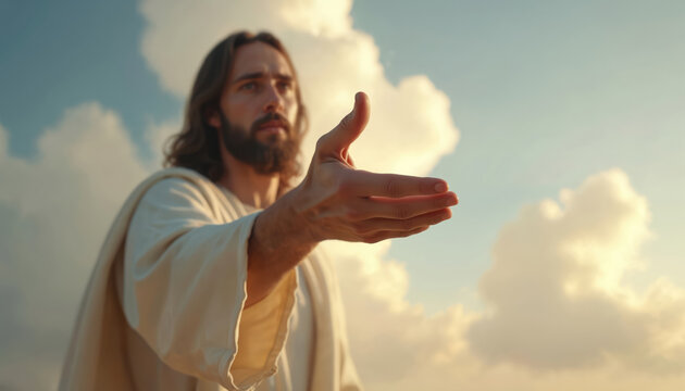 Jesus extends open hand to the viewer against sky background. Divine offering salvation, hope. Majestic gesture of peace, love, empathy. Faith, christianity theme on bright sunny day. - Powered by Adobe