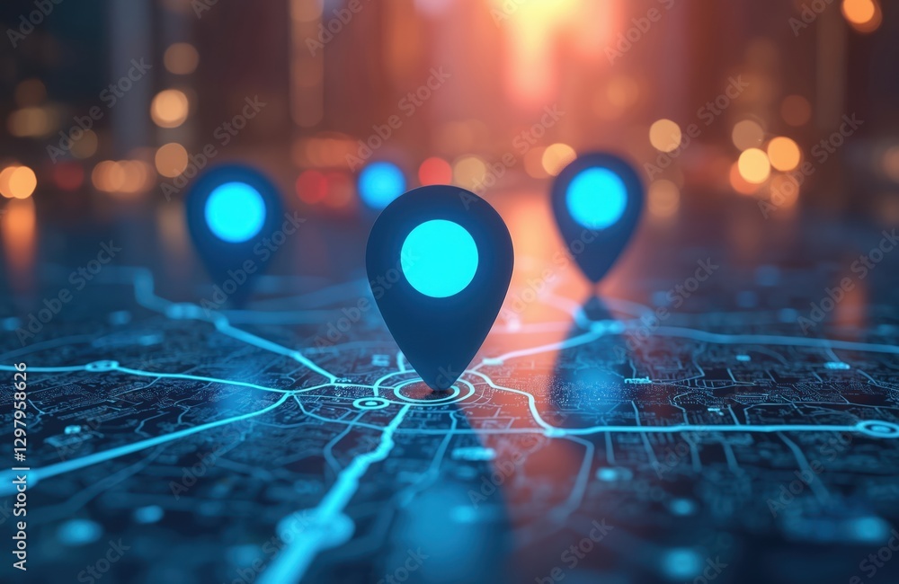 Poster digital glowing location point markers on neon city map with glowing neon roads. ai tech in gps navi