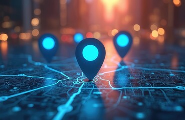 Digital glowing location point markers on neon city map with glowing neon roads. AI tech in GPS navigation, innovation delivery, route path concept, new address, future transport logistics.