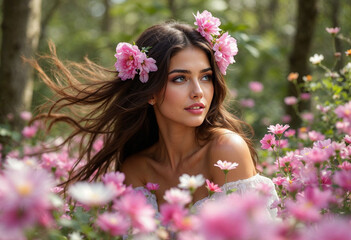 Naklejka premium beautifull woman , fantasy, beautifull forest, flowers