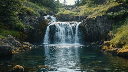 Obraz premium Serene waterfall cascading into a tranquil pool, surrounded by lush greenery and moss-covered rocks.