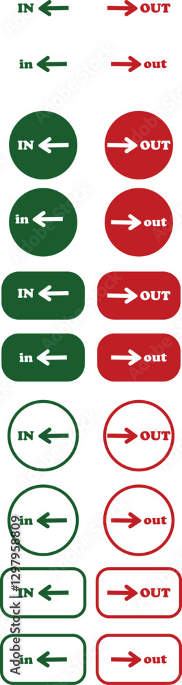 Poster in out arrow icons set. simple arrow big vector collection isolated on transparent background. red o