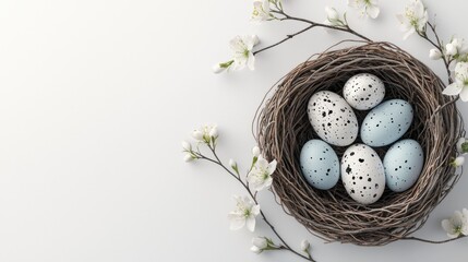 Fototapeta premium Delicate nest with speckled eggs and blooming flowers, symbolizing spring and new beginnings in a serene setting.