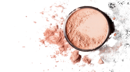 Peach Powder Compact: A close-up, top-down view of a partially used peach-colored powder compact, showcasing the subtle texture and soft hue of the product.