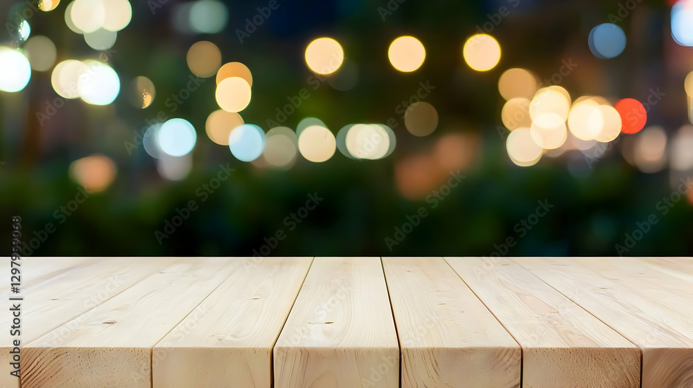 Poster wooden table surface with soft blurred bokeh lights background at evening