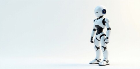 Fototapeta premium Futuristic Robot Standing Alone On White Background, abstract , white background, futuristic cityscape