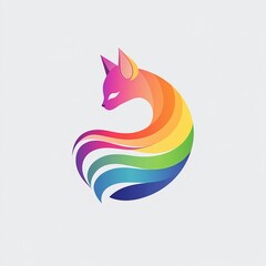 Vibrant Rainbow Fox: A captivating logo design featuring a stylized fox with a rainbow-colored tail, set against a minimalist white background.