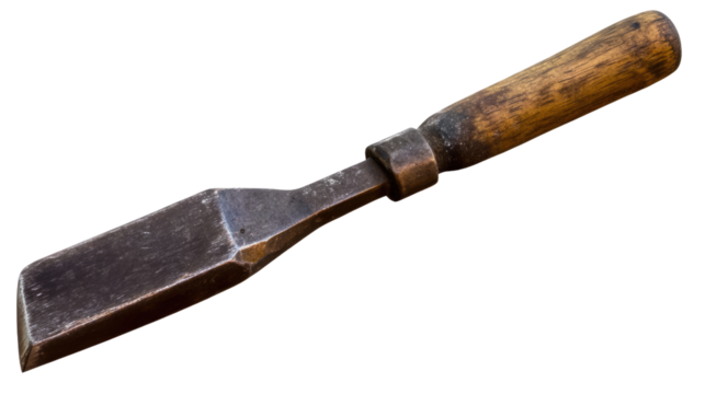Woodworking Chisel: A close-up shot of a sturdy woodworking chisel, its sharp metal blade gleaming against a rustic wooden handle.
