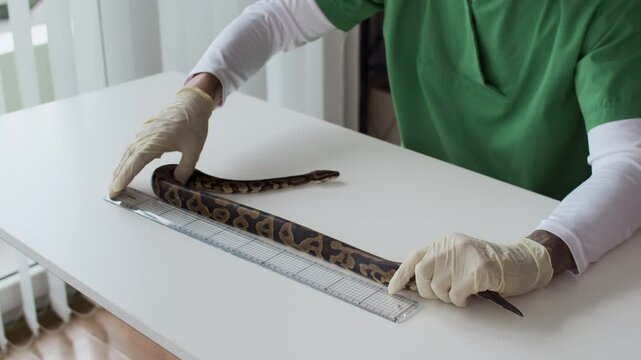 Cropped shot of anonymous veterinarian in green scrubs doing measurement of python snakes length on table in clinic