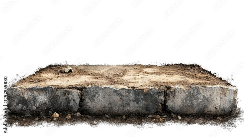Aufkleber stone platform with soil: a rustic stone platform rests atop a bed of rich, dark soil, creating a na