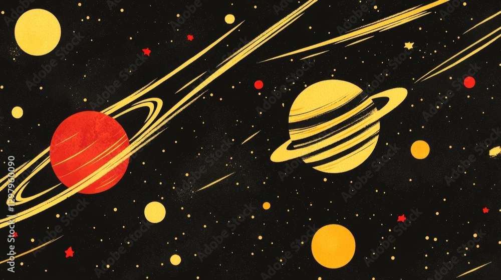 Poster retro style cosmic background with pixelated planets and stars in a vibrant outer space nebula with 