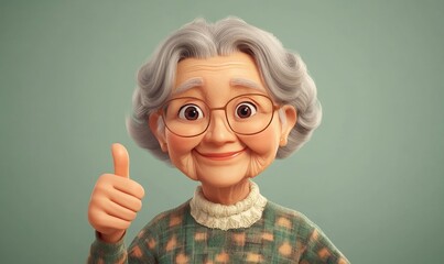 Happy Smiling Grandmother Cartoon 3D Model Thumbs Up Positive Elderly Old Aged Cute Wise Kind Woman 