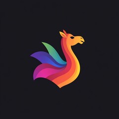 Fototapeta premium Vibrant Rainbow Camel Logo Design: A Colorful, Stylized Camel Silhouette Against a Dark Background