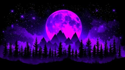 Purple pixelated moon over forest and mountain landscape, serene night with glowing starlight and retro video game aesthetic atmosphere