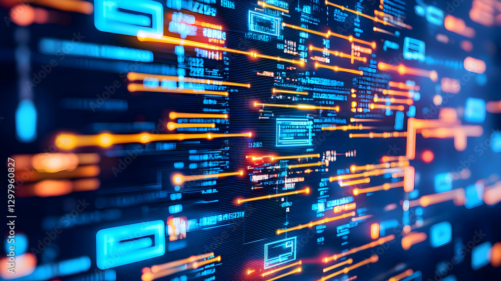 Poster abstract digital network data flow visualization with blue and orange lines and lights