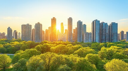 Obraz premium Urban skyline with green trees a tranquil morning cityscape showing modern buildings and sunlit park blend beautiful nature metropolis