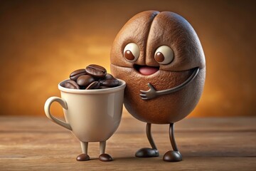 Cheerful coffee bean and cup sharing a joyful moment in a warm cafe setting. Generative AI