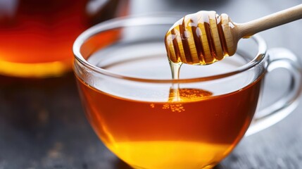 A cup of hot Irish tea with honey. 
