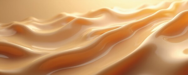 Fototapeta premium Close-up texture of beige caramel liquid. Swirling smooth cream background. Abstract caramel surface great for cosmetic foundation, skincare products demo. Use for banner background. Gentle curves,
