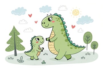 Heartwarming moment between a parent dinosaur and its young one in a whimsical nature setting. Generative AI
