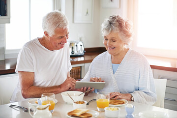 Smile, senior couple and tablet in kitchen on social media, reading blog and internet search....
