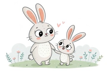 Fototapeta premium Sweet moments shared between a mother rabbit and her adorable baby in a whimsical garden setting. Generative AI