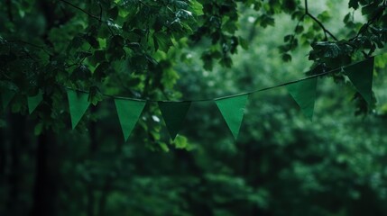 A garland of green flags hanging on a tree. 