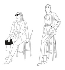 Businesswoman Sitting on a Chair pose. Professional Female Character Illustration. Woman illustration in line art style.