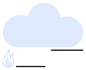 Cloud motif with a small flame and bold black lines signifying technology, energy flow, data transfer, or storage concepts. Ideal for IT, green energy, security, weather, innovation abstract line