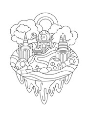 Surreal Landscape with Floating Islands – Fantasy Adult Coloring Page on White Background