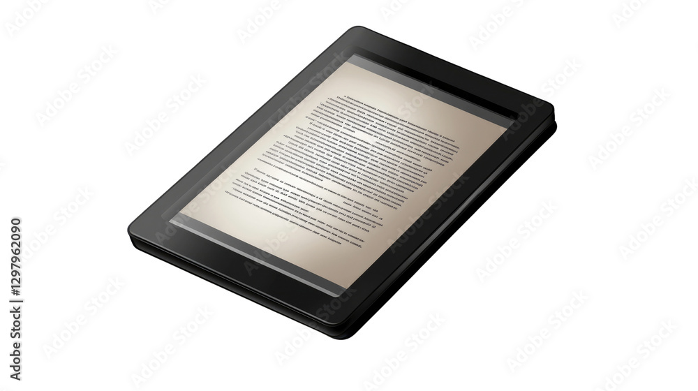 Poster digital reader with e-text: a modern digital reader displays a screen filled with lines of digital t