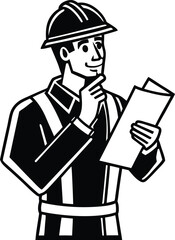 Construction Engineer Silhouette Worker Checking Blueprint