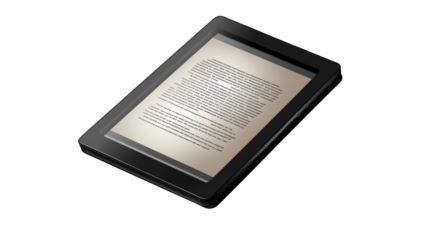 Digital Reader with E-text: A modern digital reader displays a screen filled with lines of digital text, signifying the blend of technology and literature in an abstract composition