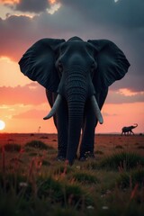 Obraz premium Giant elephant shape looming over a grassy savannah landscape at dusk , wildlife, landscape, animals