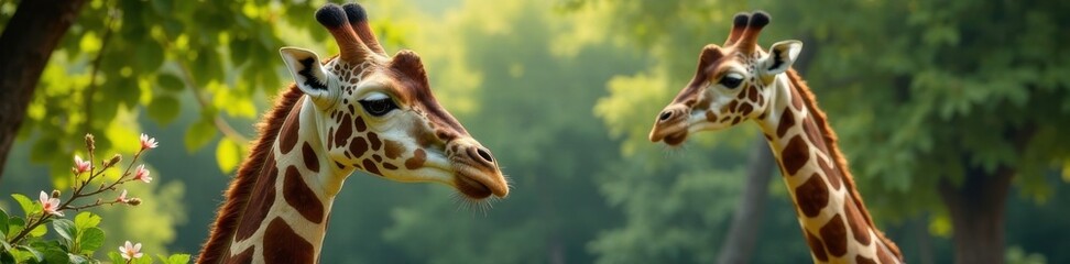 Obraz premium Giraffe with leaves and flowers, safari, nursery, animal