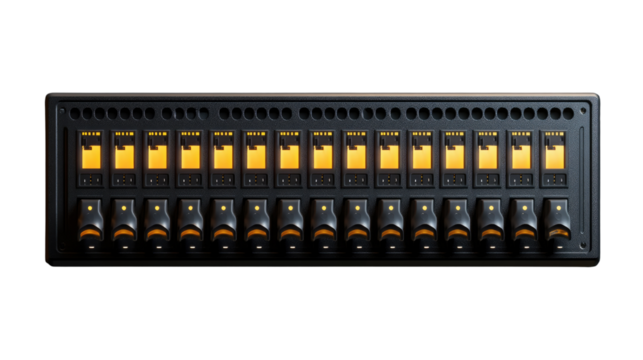 Power Switch Panel: A modern, industrial power switch panel featuring rows of individual switches, showcasing a sleek design and functional elegance, optimized for performance.