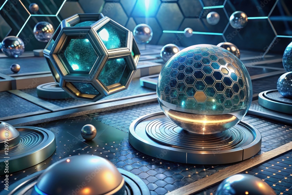 Aufkleber spheres and geometric shapes floating in a futuristic digital environment with glowing edges at nigh