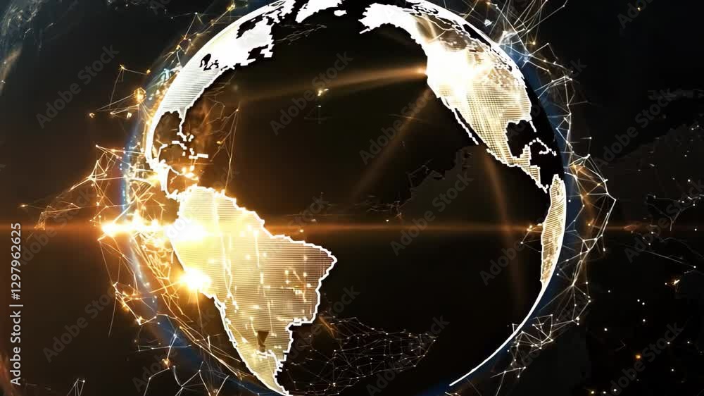 Poster digital visualization of modern networking across continents in a connected world, digital earth vis