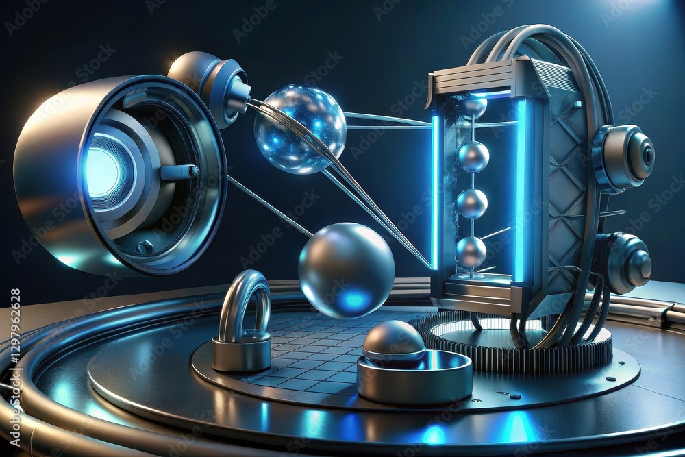 Poster futuristic science exhibition showcasing a mesmerizing metallic structure with glowing orbs and intr