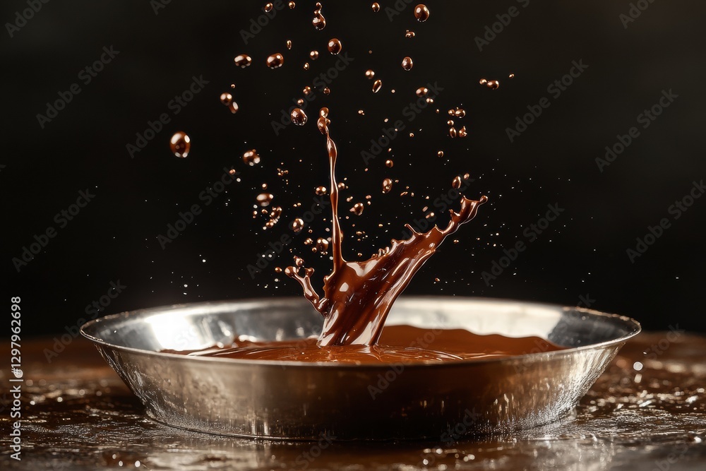 Poster Chocolate splashes in a metal tray creating dynamic patterns during an artistic culinary demonstration. Generative AI