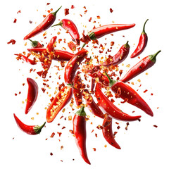 Red-hot chili peppers flying in the air with sparks on a transparent background,
